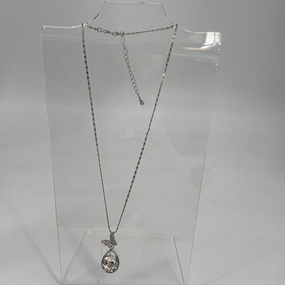 Silvertone Butterfly CZ Pear shaped tear drop pendant necklace - Picture 1 of 4